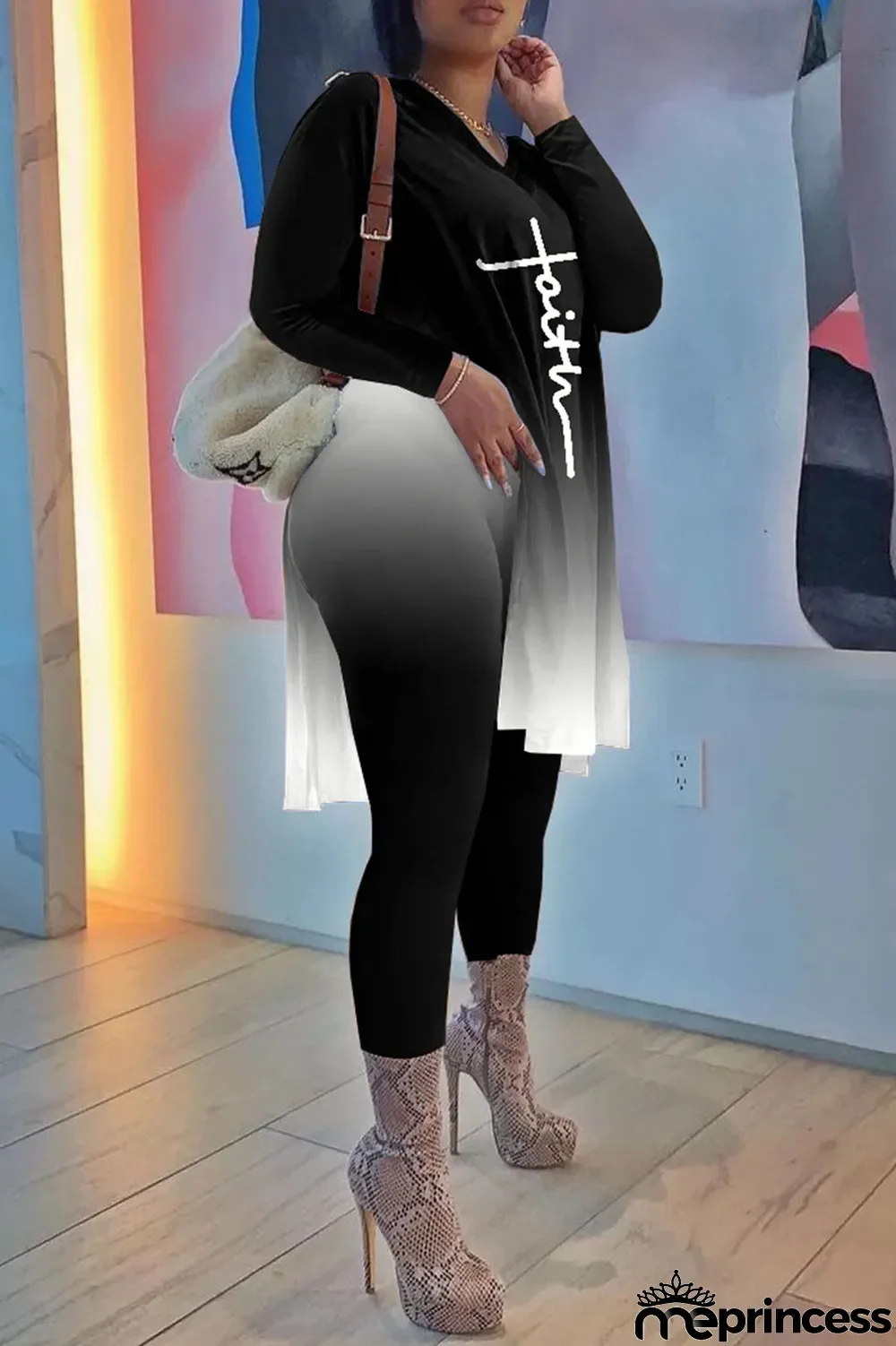 Red Fashion Casual Gradual Change Print Patchwork Slit V Neck Long Sleeve Two Pieces