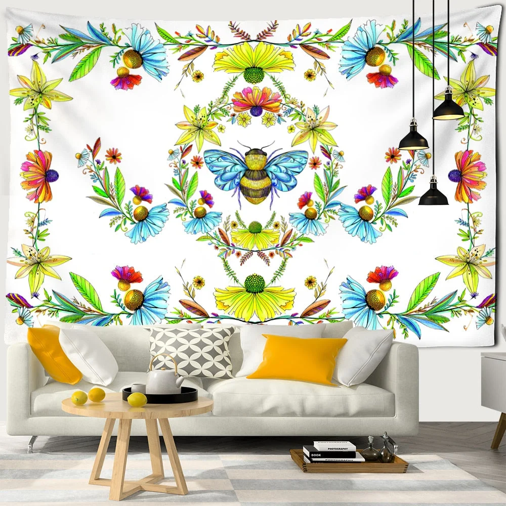 Plants Honeybee Tapestry Wall Hanging Bohemian Beach Mat Polyester Blanket Yoga Mat Home Bedroom Art Decor Custom Psychedelic