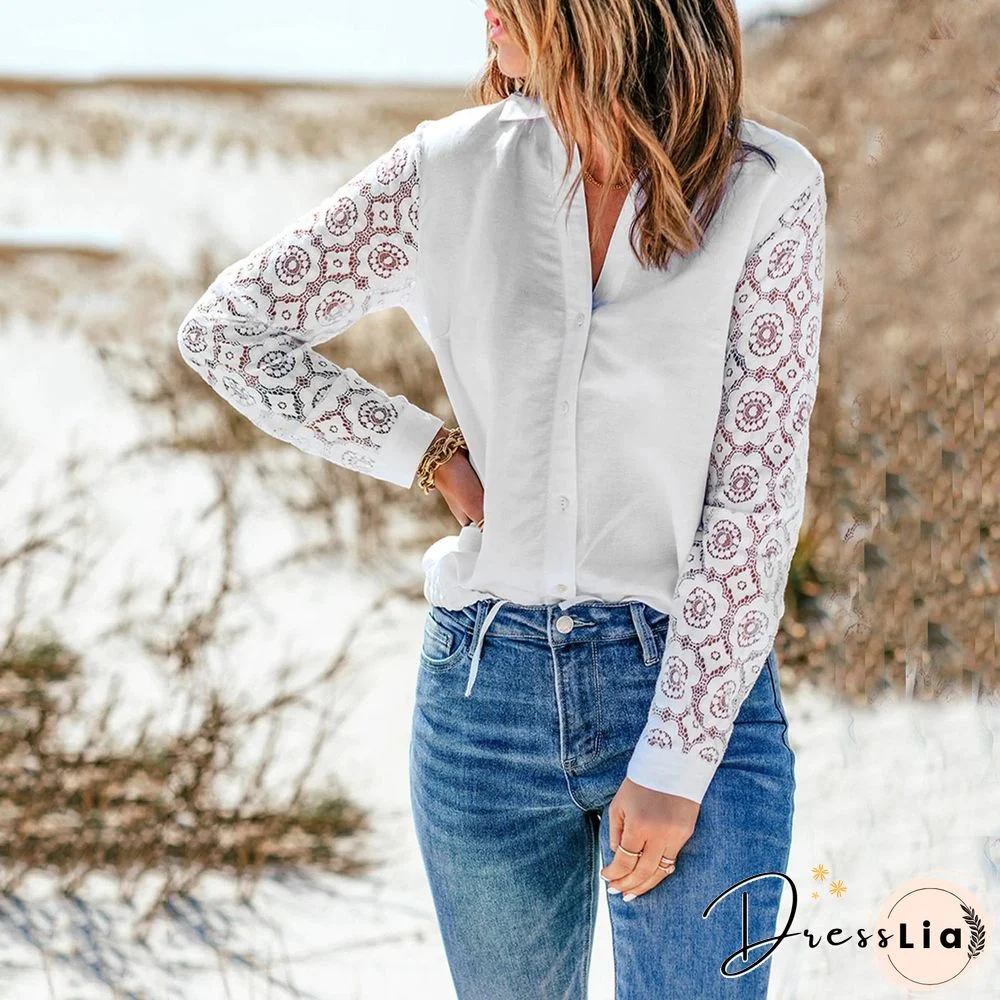 Lace Crochet Sleeve Splice Button Collared Shirt