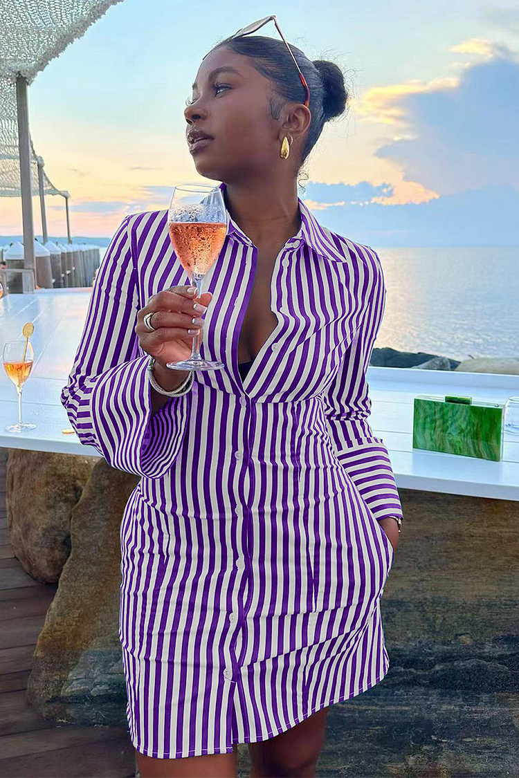 Striped Print Long Sleeve Button Up Blouse Slim Fit Mini Dresses-Blue