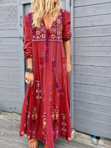 Boho printing long Sleeve Dress