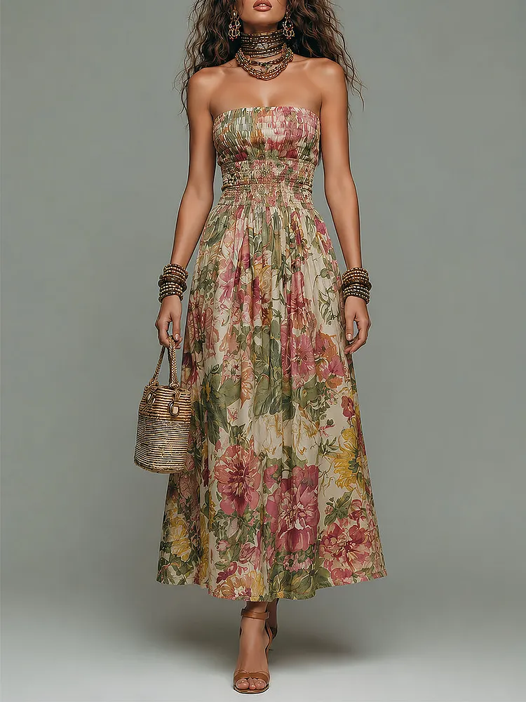 Boho Tropical Print Strapless Smocked Maxi Dress