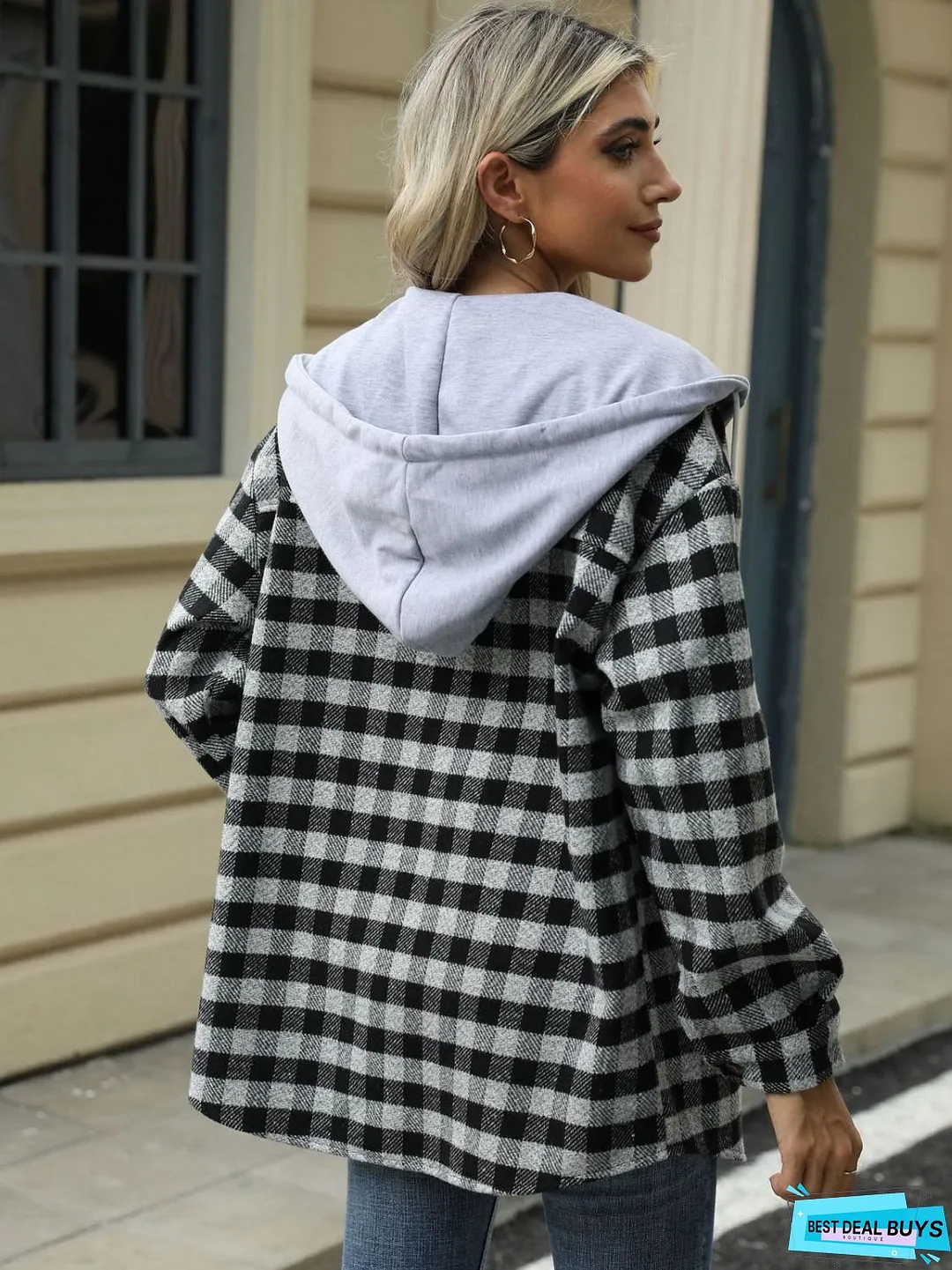 Drawstring Plaid Long Sleeve Hooded Jacket