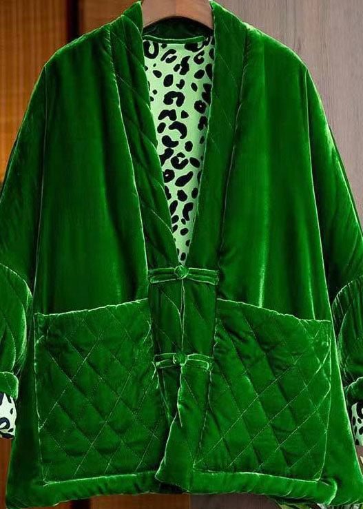 Handmade Green V Neck Pockets Velour Winter Coat CK2116- Fabulory