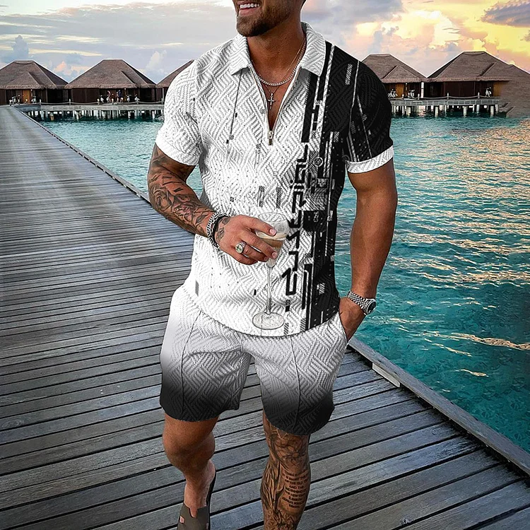 BrosWear Classic Black And White Color Contrast Short Sleeve Polo Shirt And Shorts Co-Ord