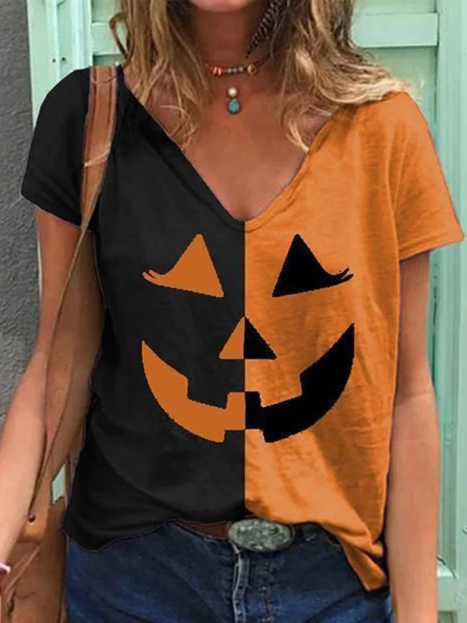 Women's Halloween Pumpkin Smiley Print V-Neck Short Sleeve T-Shirt