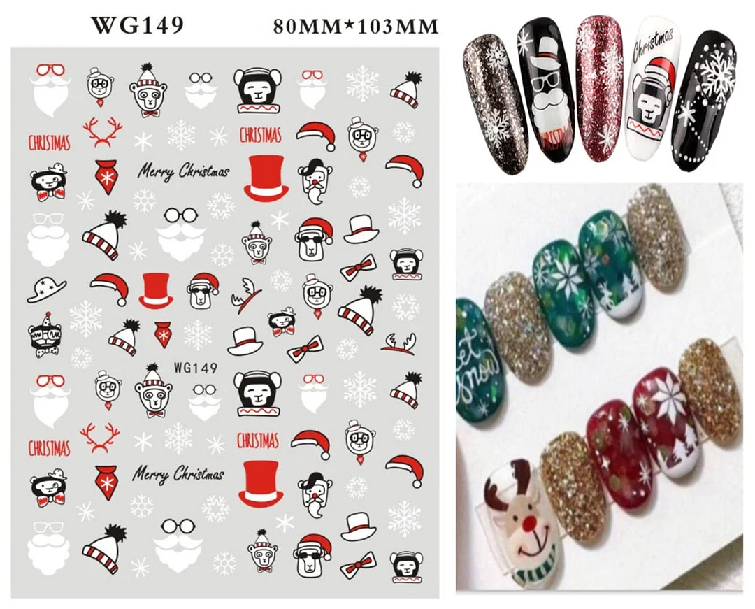 Merry Christmas 3D Nails Sticker Winter Cute Cartoon Sliders Snowflake Elk Xmas Tree Decal UV Gel Polisn Manicures Foils Decor-Nail Inspo