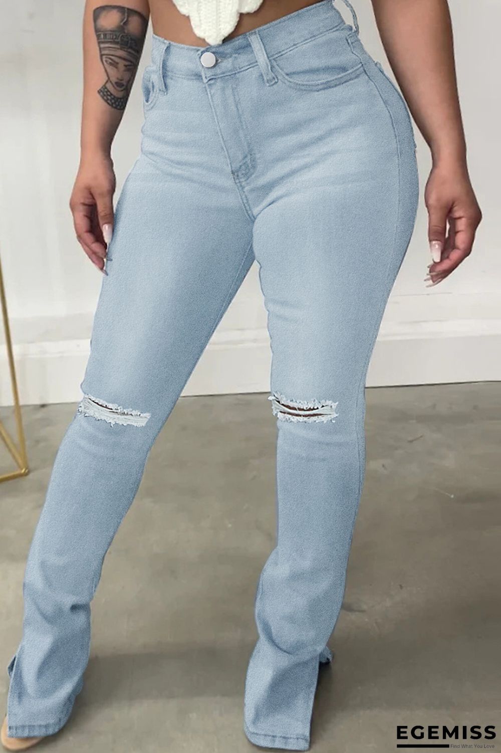 Baby Blue Casual Solid Ripped Slit High Waist Regular Denim Jeans | EGEMISS