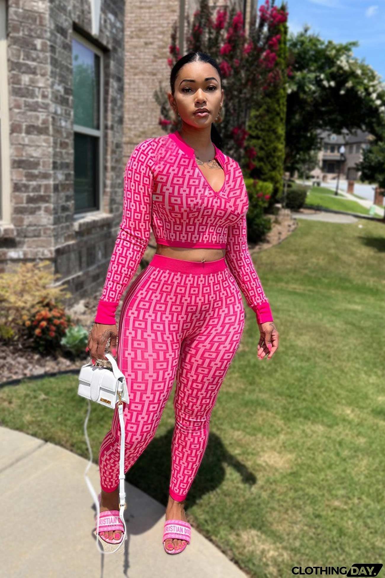 V Neck Printed Crop Top Pants Suits