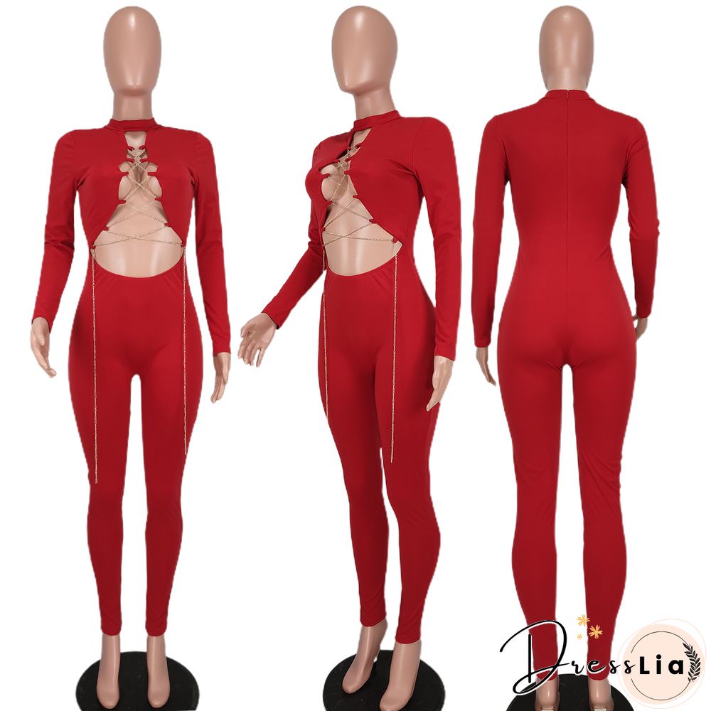 Sexy Hollow Out Chain Lace Up Skinny Jumpsuit
