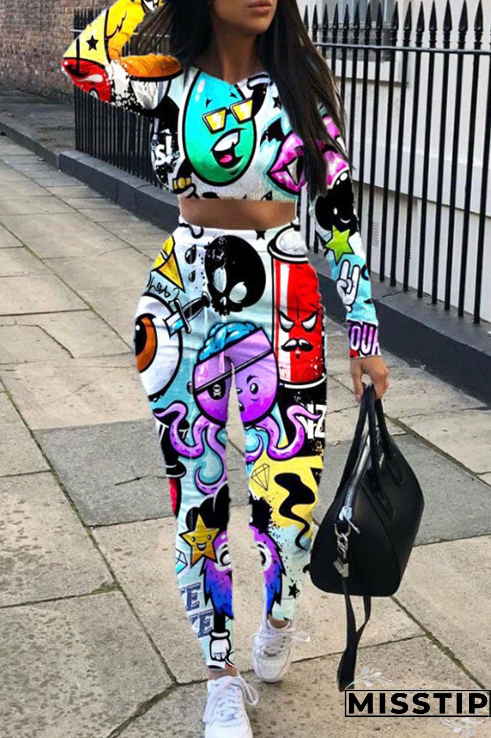 Multi-color Street Print Patchwork O Neck Long Sleeve Two Pieces
