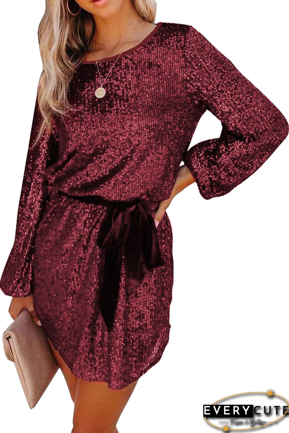 Wine Red Loose Long Sleeve Sequin Dress with Sash