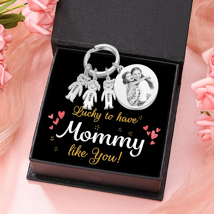 3 Names - Personalized Photo Keychain with Kid Charm Custom Text Keyring Gifts for Father/Mother