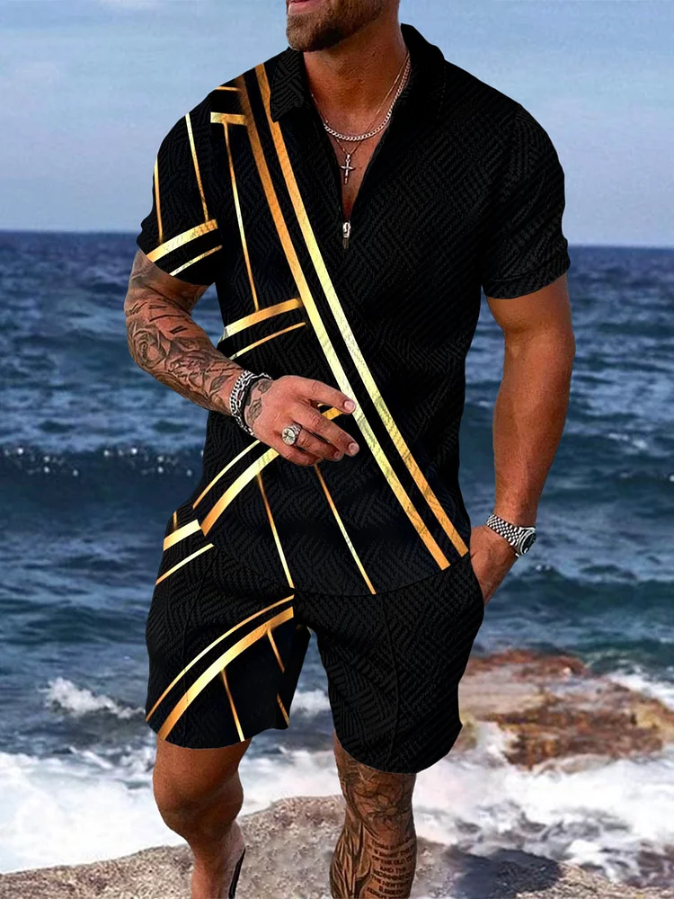 Men's Luxury Gold Irregular Pattern Print Polo Suit