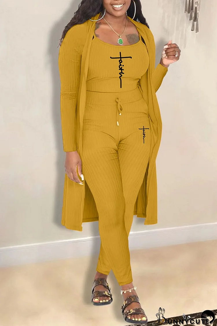 Yellow Casual Print Patchwork U Neck Long Sleeve Two Pieces