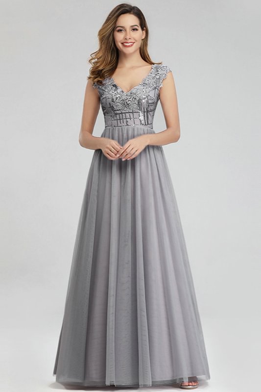 Grey Appliques Sequins Long Tulle Prom Dress - lulusllly