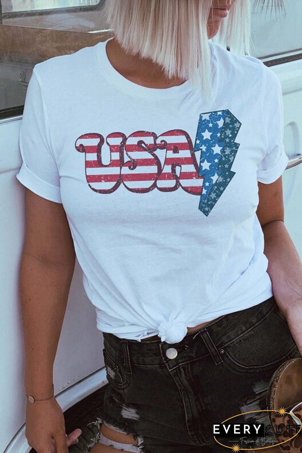 White USA Lightning Graphic Print Short Sleeve T Shirt