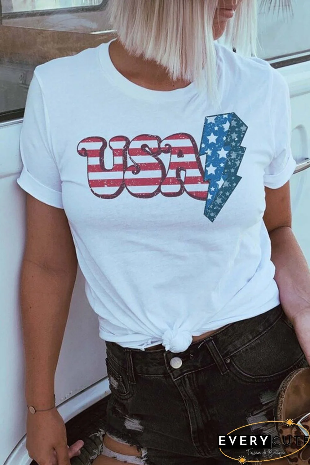 White USA Lightning Graphic Print Short Sleeve T Shirt