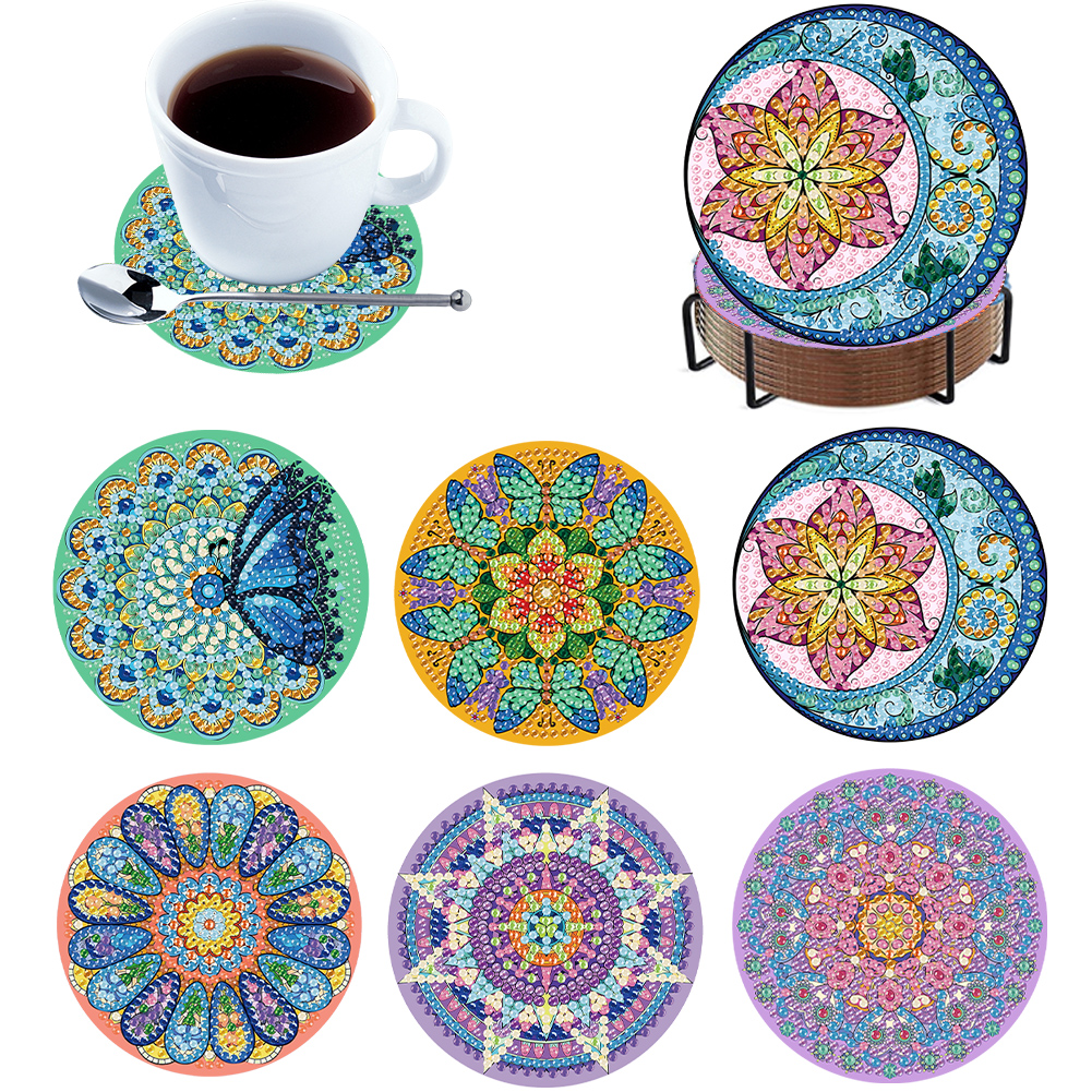 6Pcs Wooden Mandala DIY Diamond Painting Coaster Art Crafts with Storage Rack