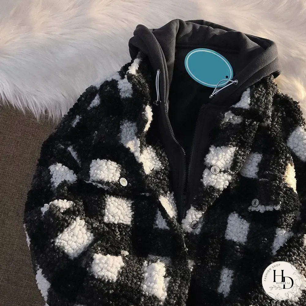Neutral Check Plush Hooded Jacket