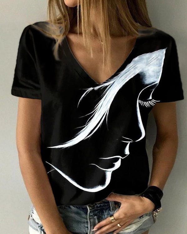 Casual Abstract Portrait Painting Short Sleeve Top