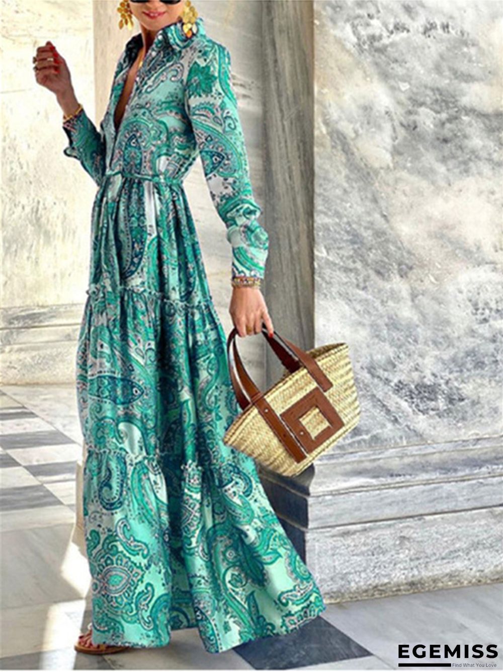 Elegant Long Sleeve Dress Floral Maxi Dresses | EGEMISS