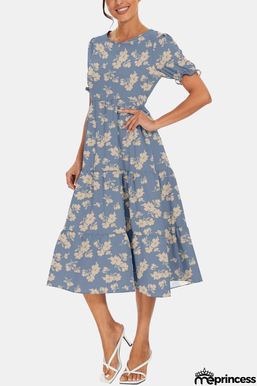 Round Neck Flounce Sleeve Midi Dress