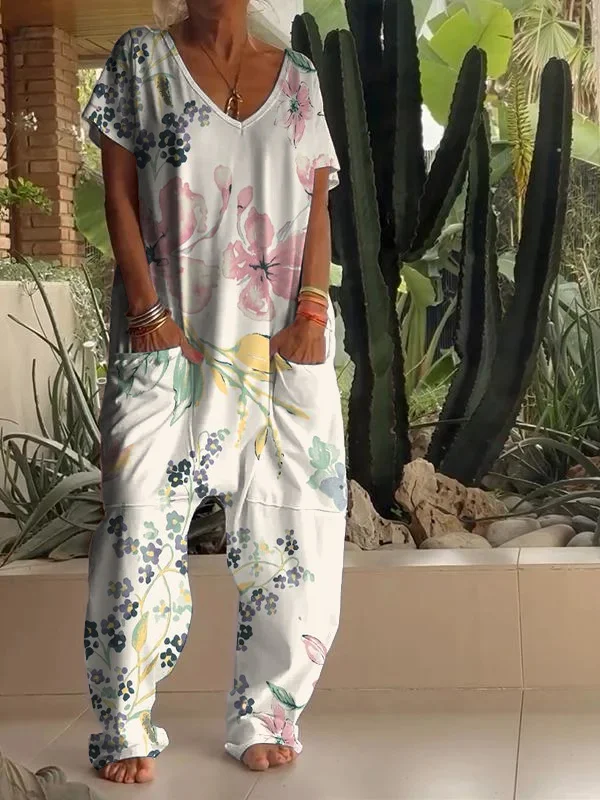 Casual Floral Print V-neck Jumpsuit