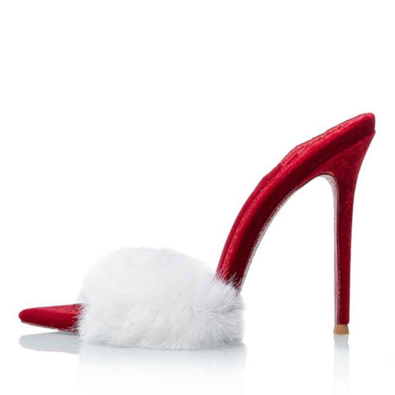 GOOSHOE Large Size 45 Women Sandals Dress Stiletto Shoes Thin High Heels Wide Fit Fluffy Fur Mules