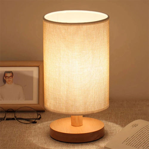 USB Powered Solid Wood Linen Shade Bedside Nightstand Table Lamp