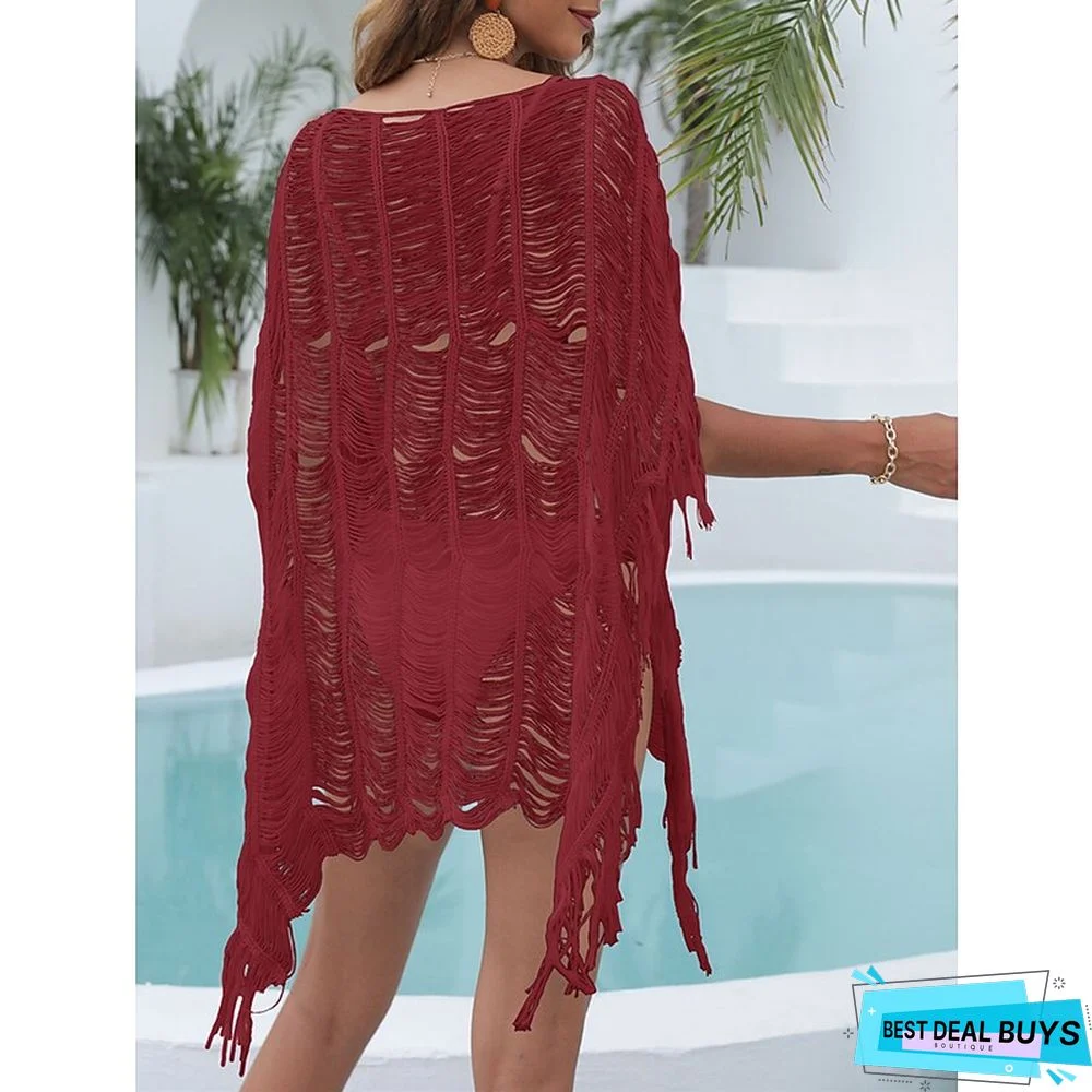 Women's Cover Up Beach Dress Beach Wear Mini Dress Tassel Fringe Hole Cute Casual Plain Crewneck Short Sleeve Loose Fit Outdoor Daily Black White 2023 Spring Summer One Size