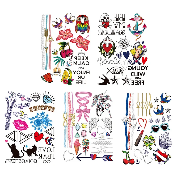 5 Sheets Letter Heart Kiss Half Arm Temporary Tattoo