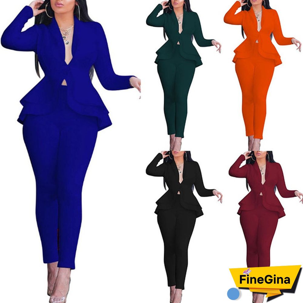 Women's Formal Office Outfits Work Blazer Business Jacket Pants Ruffle Suit Set Solid Color