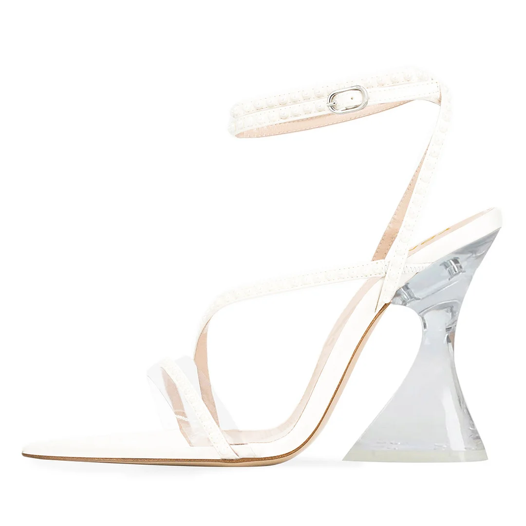 YDN White Patchwork Open Toe Strap Heels Sandals with Studs