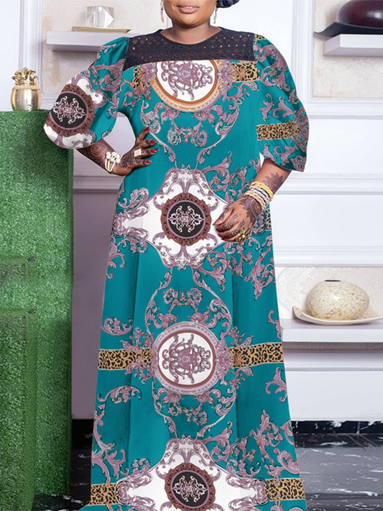 Retro Print Lace Patchwork Crew Neck Maxi Dresses For Women SKUJ14836 QueenFunky