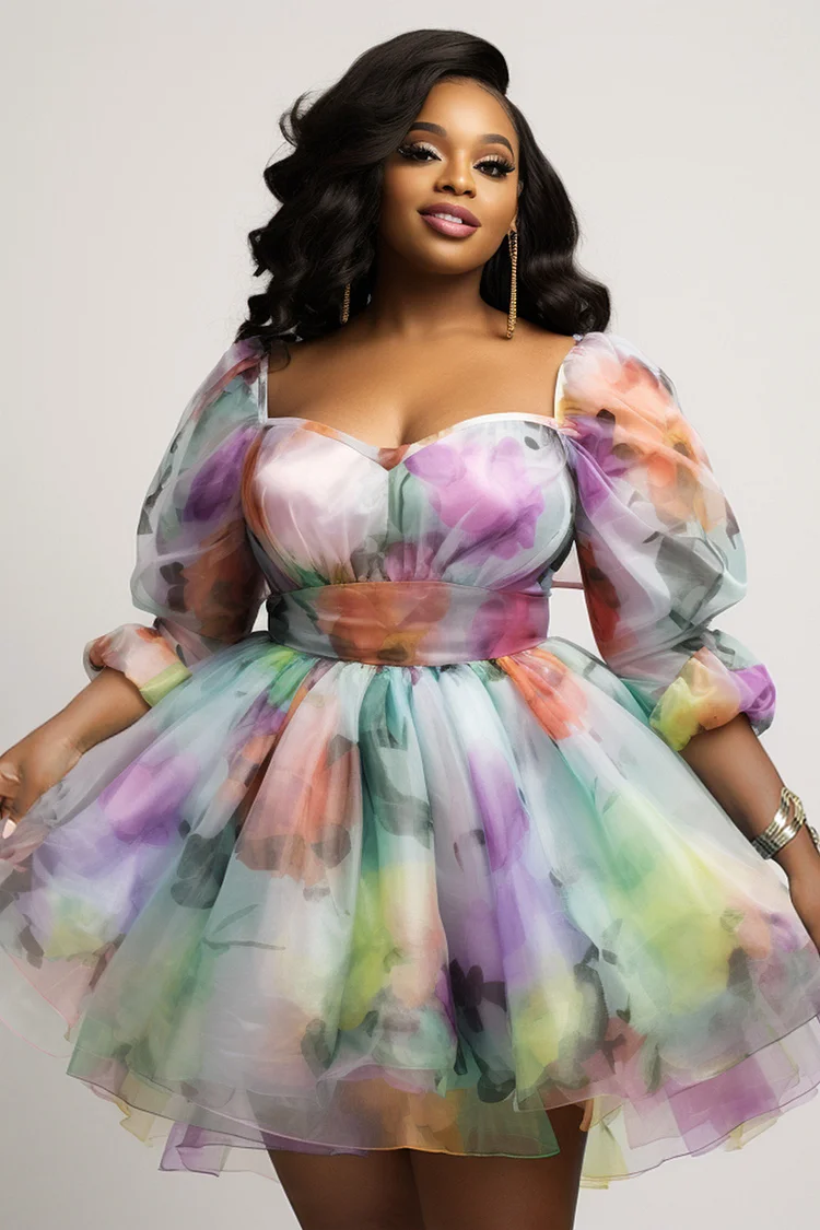 Xpluswear Design Plus Size Prom Multicolor Milkmaid Floral Square Neck 3/4 Sleeve Organza Mini Dresses [Pre-Order] 2024 - Xpluswear