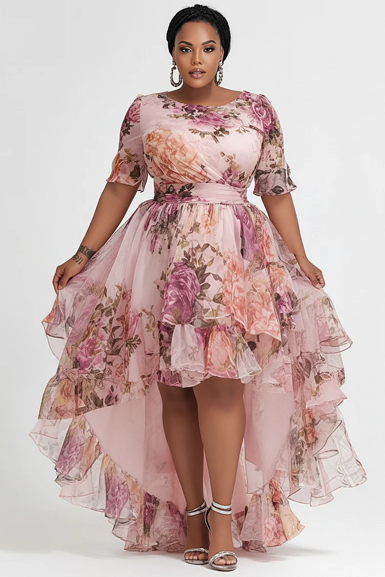 Xpluswear Design Plus Size Wedding Guest Pink Floral Round Neck Short Sleeve High Low Hem Ruffle Chiffon Midi Dresses [Pre-Order] 2024 - Xpluswear