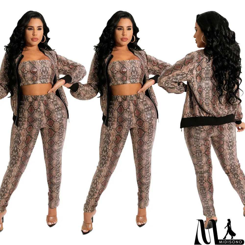 MidiSono - Snake Print Zipper Cardigan Wrapped Chest Three-piece Suit