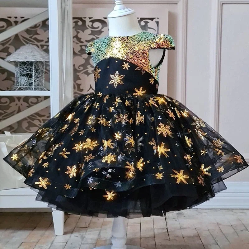 Girls Golden Sequin Shiny Tutu Dress Kids Snowflake Christmas Princess Costume for Evening Children Birthday Party Clothes 4-10T