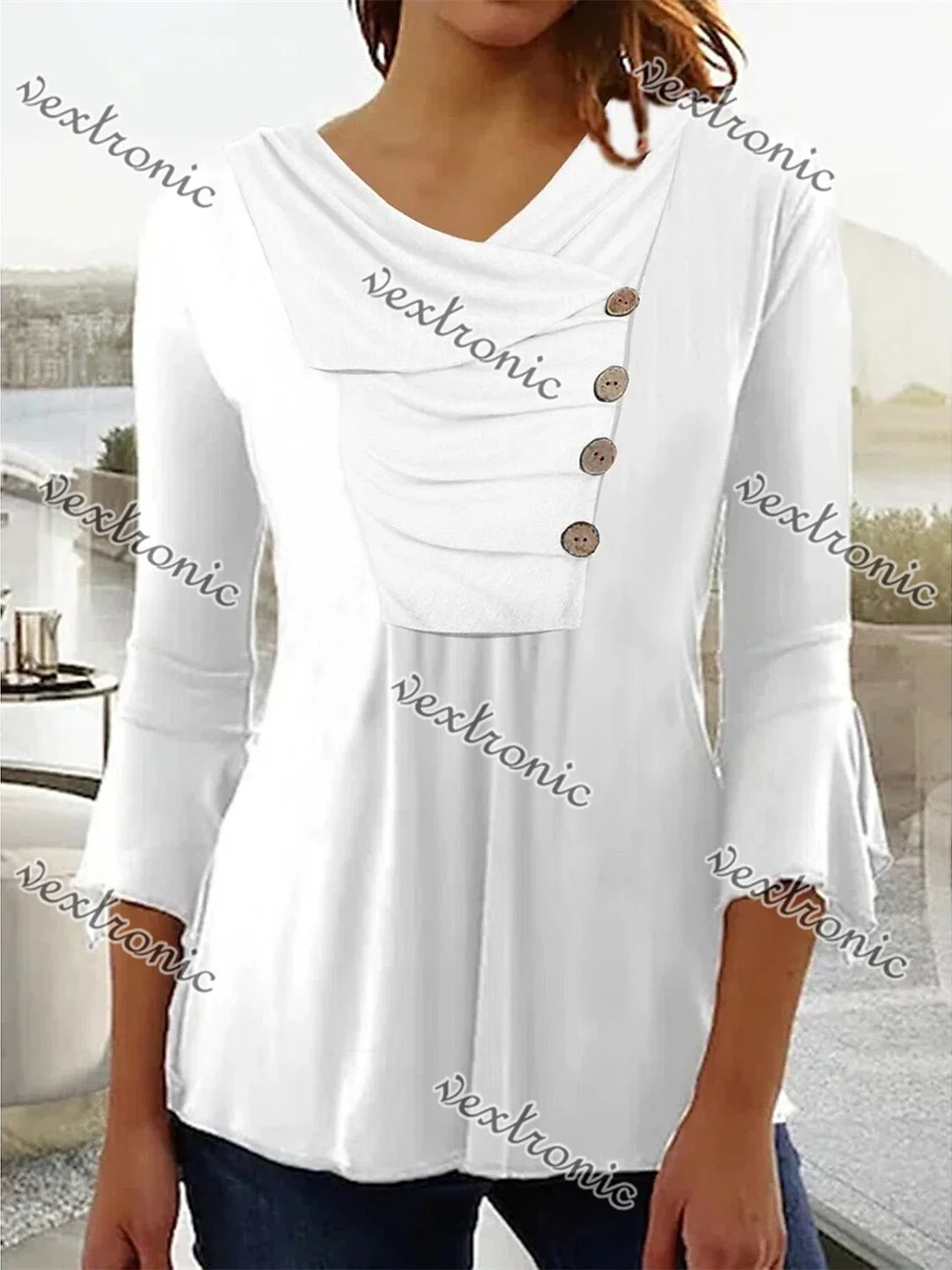 Women plus size clothing Women's White Irregular Neck Long Sleeve Solid Color Tops-Nordswear