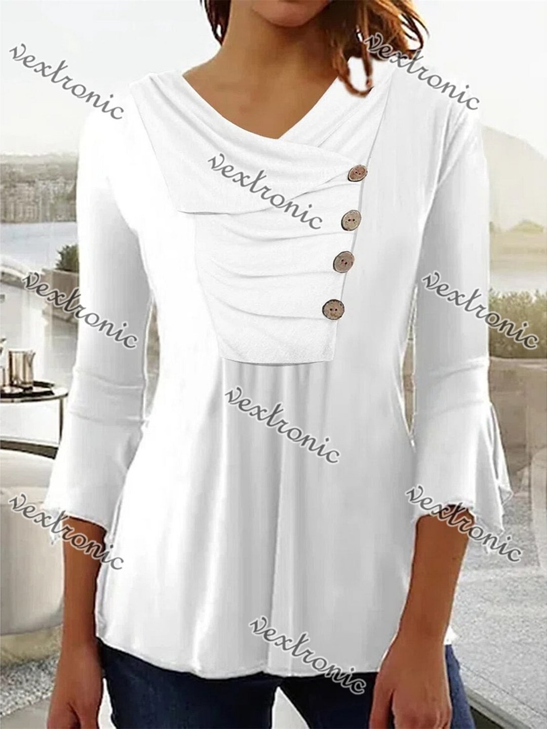Women's White Irregular Neck Long Sleeve Solid Color Tops