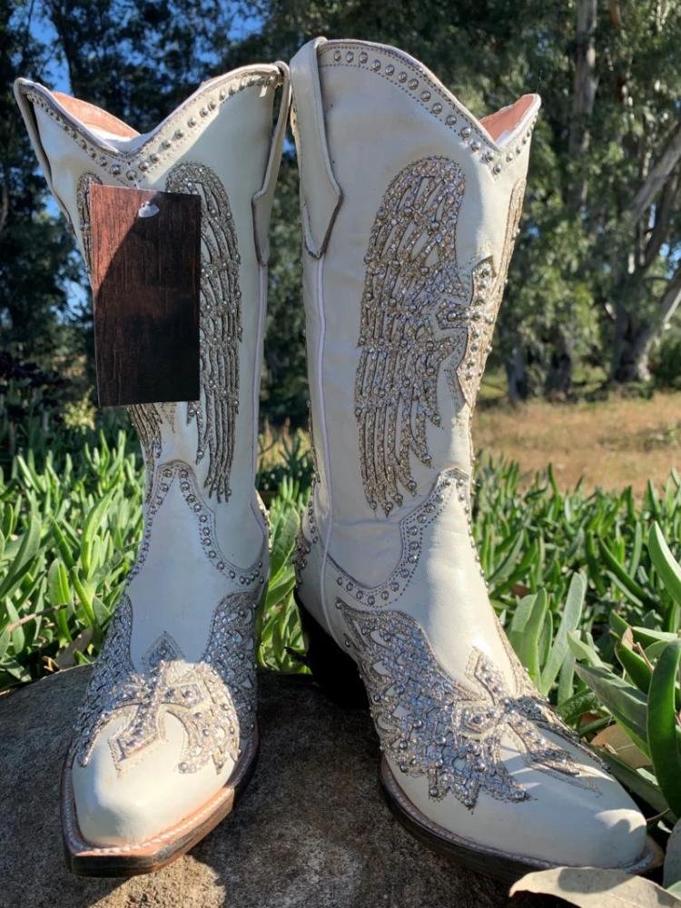 White Cowgirl Boots Applique Sequin Studded Snip Toe Mid Heel Western Mid-Calf Boots