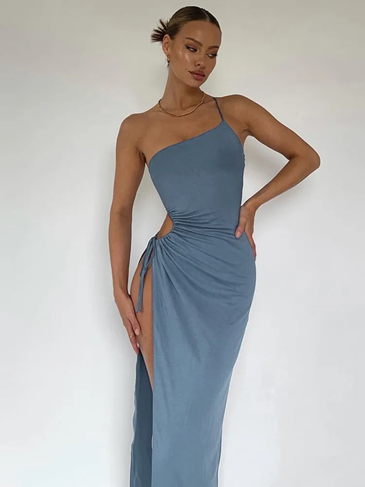 Sexy Off Shoulder Side High Split Maxi Dress Women Drawstring Sleeveless Solid Evening Party Club Elegant Slim Summer Sundress