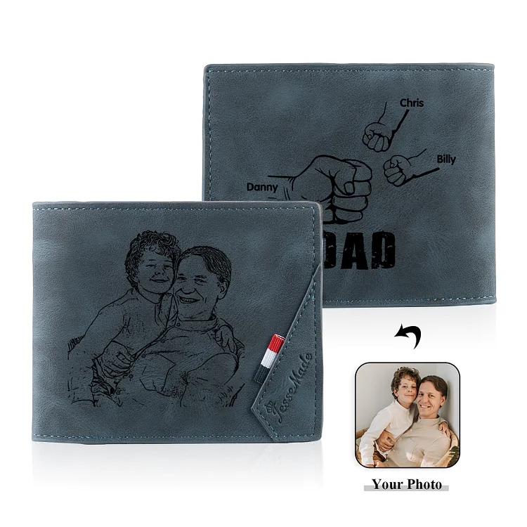 3 Names - Personalized Photo Custom Leather Men's Wallet as a Father's Day Gift for Dad