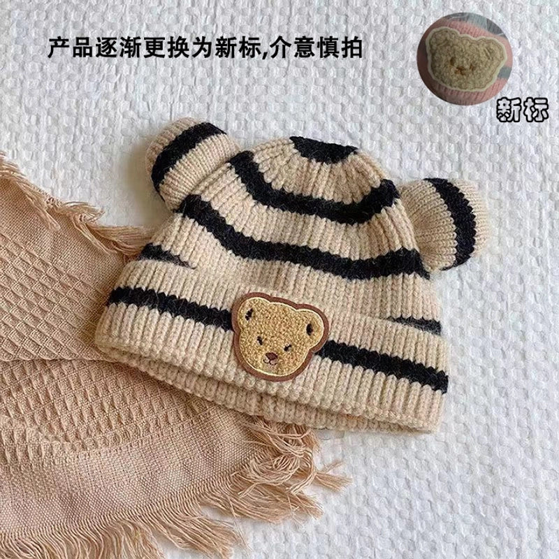 Autumn And Winter Children’s Warm Hat Cute Striped Bear Hat Korean Baby With Double Ball Knitted Hat Men’s And Women’s Treasure Hat
