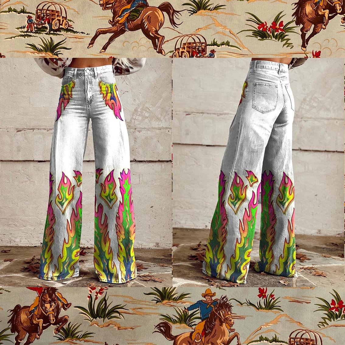 Women's Colorful Fire Print Casual Wide Leg Pants