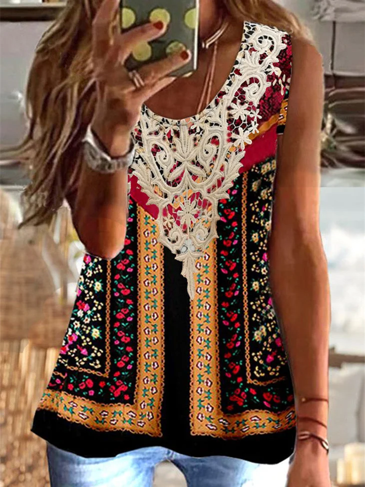 Women's Sleeveless Scoop Neck Floral Printed Casual Top