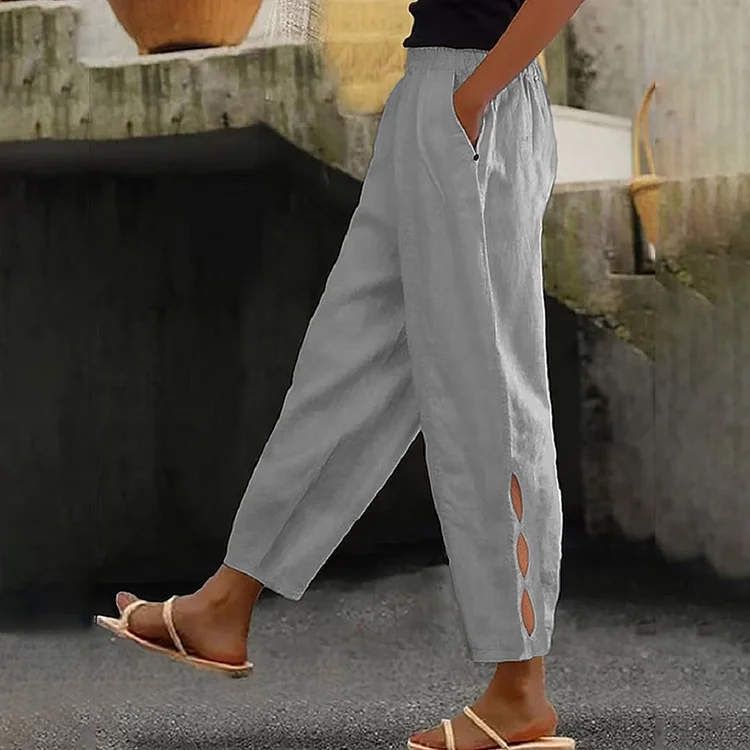 Simpfit Damen Vintage Hollow Design Einfarbige Freizeithose aus Nachahmung aus Baumwolle und Leinen