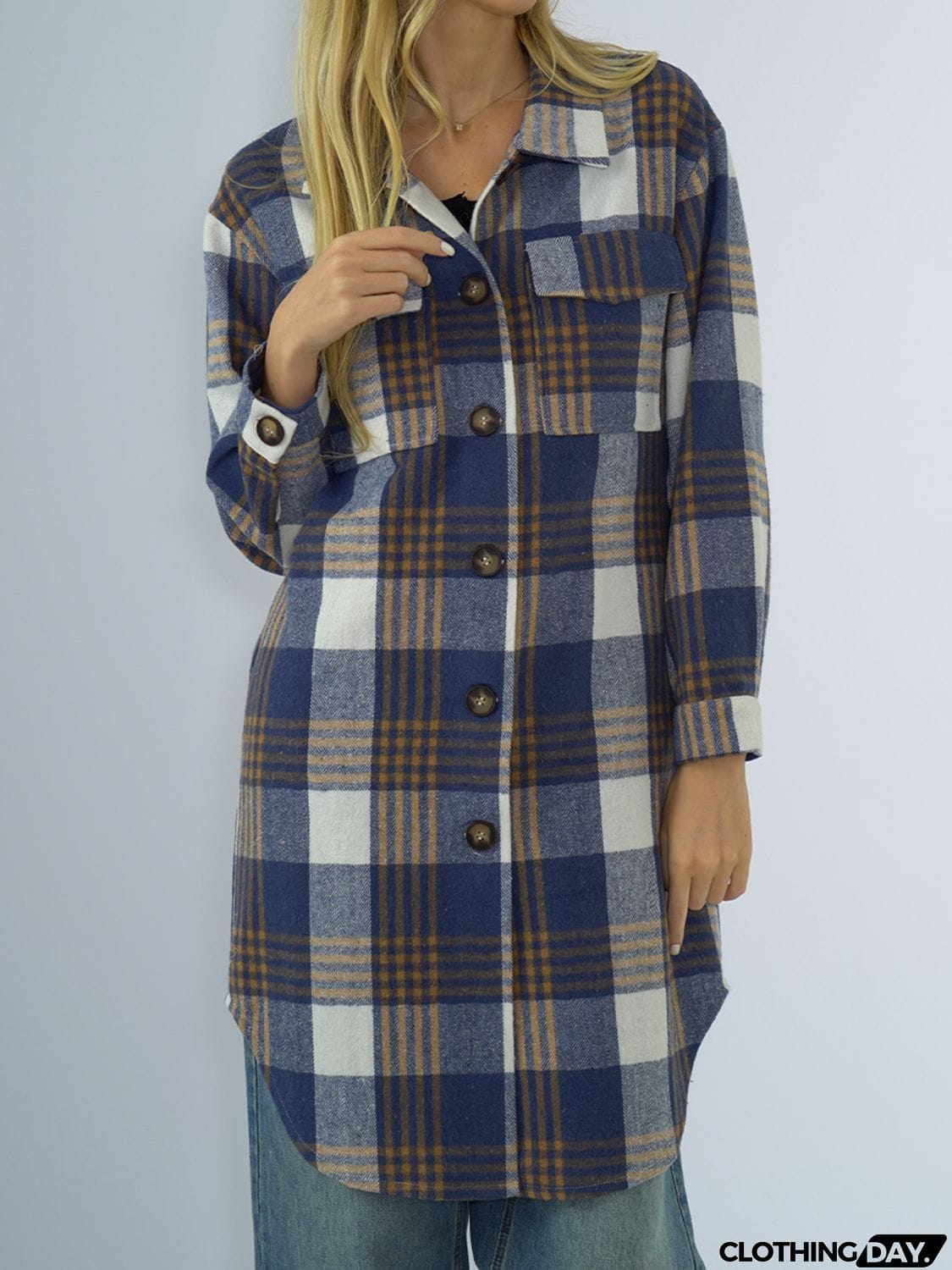 Plaid Collared Neck Long Sleeve Coat