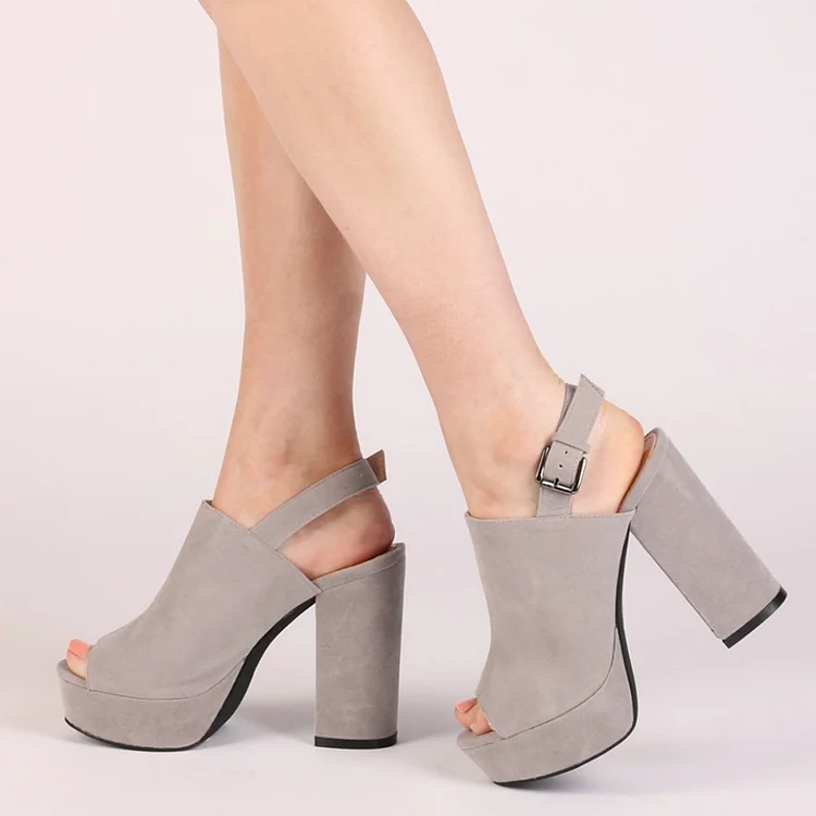 Grey Peep Toe Platform Slingback Shoes Chunky Heel Pumps |FSJ Shoes